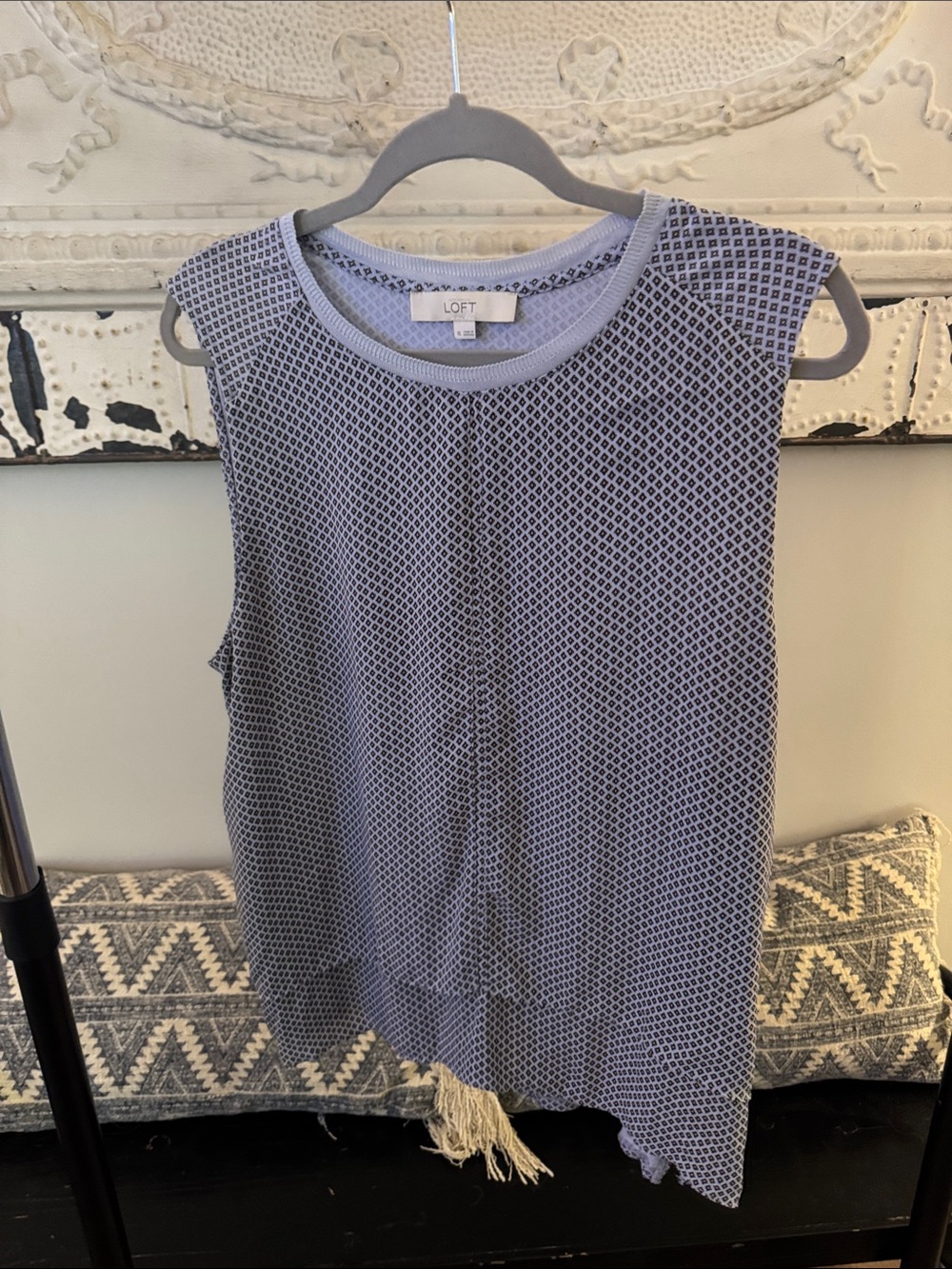 LOFT Sleeveless Knit Tank Top in Light Blue Gray and Navy Geo